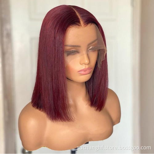 99J Burgundy Red Color Lace Closure Wig Short Straight Bob Cut Preplucked Lace Front Human Hair Wigs For Wholesale
